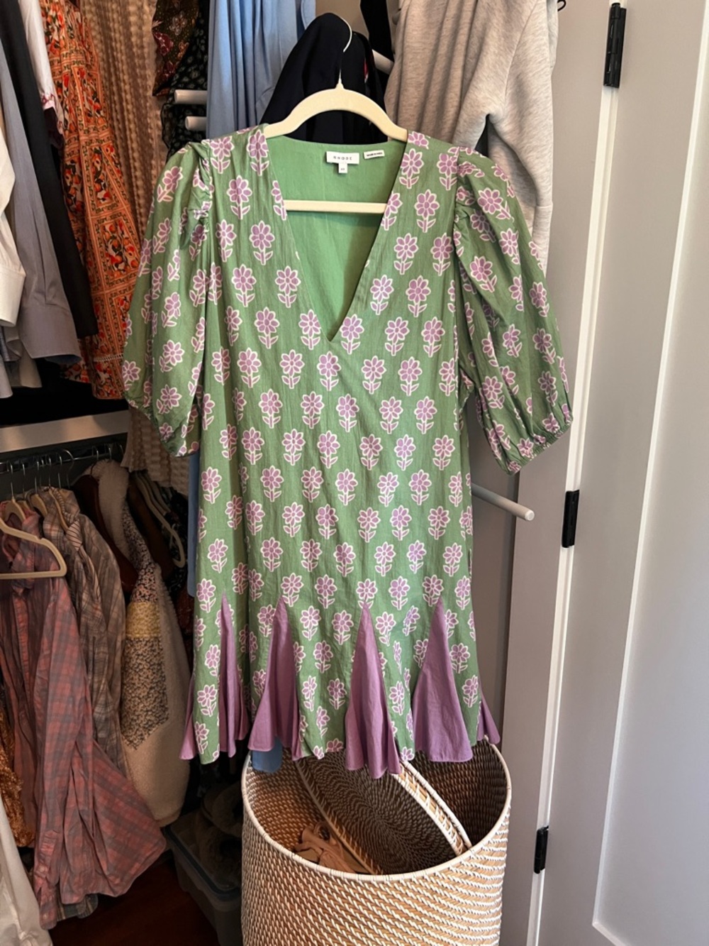 RHODE Saira Dress in the Moss Floral print.